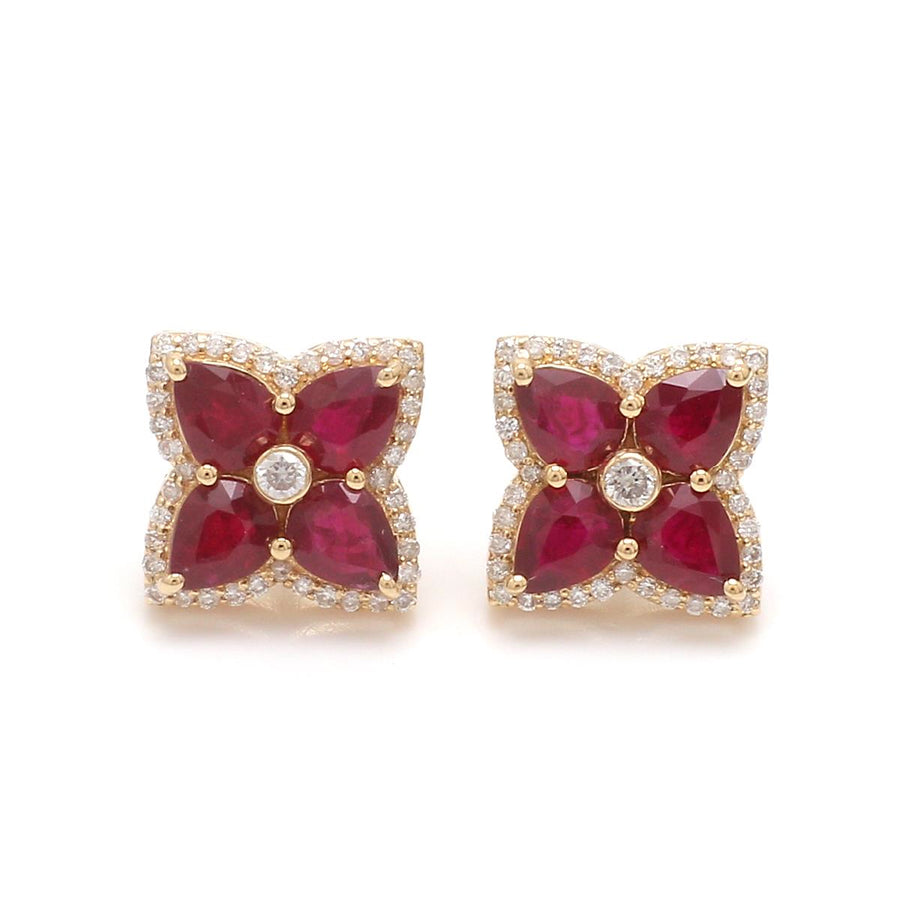 14K & 18K Gold Ruby and Diamond Clover Flower Stud Earrings