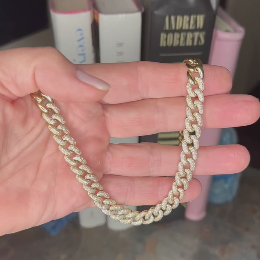 14K Gold Micro-Pave Diamond Cuban Chain Necklace, Half Pave